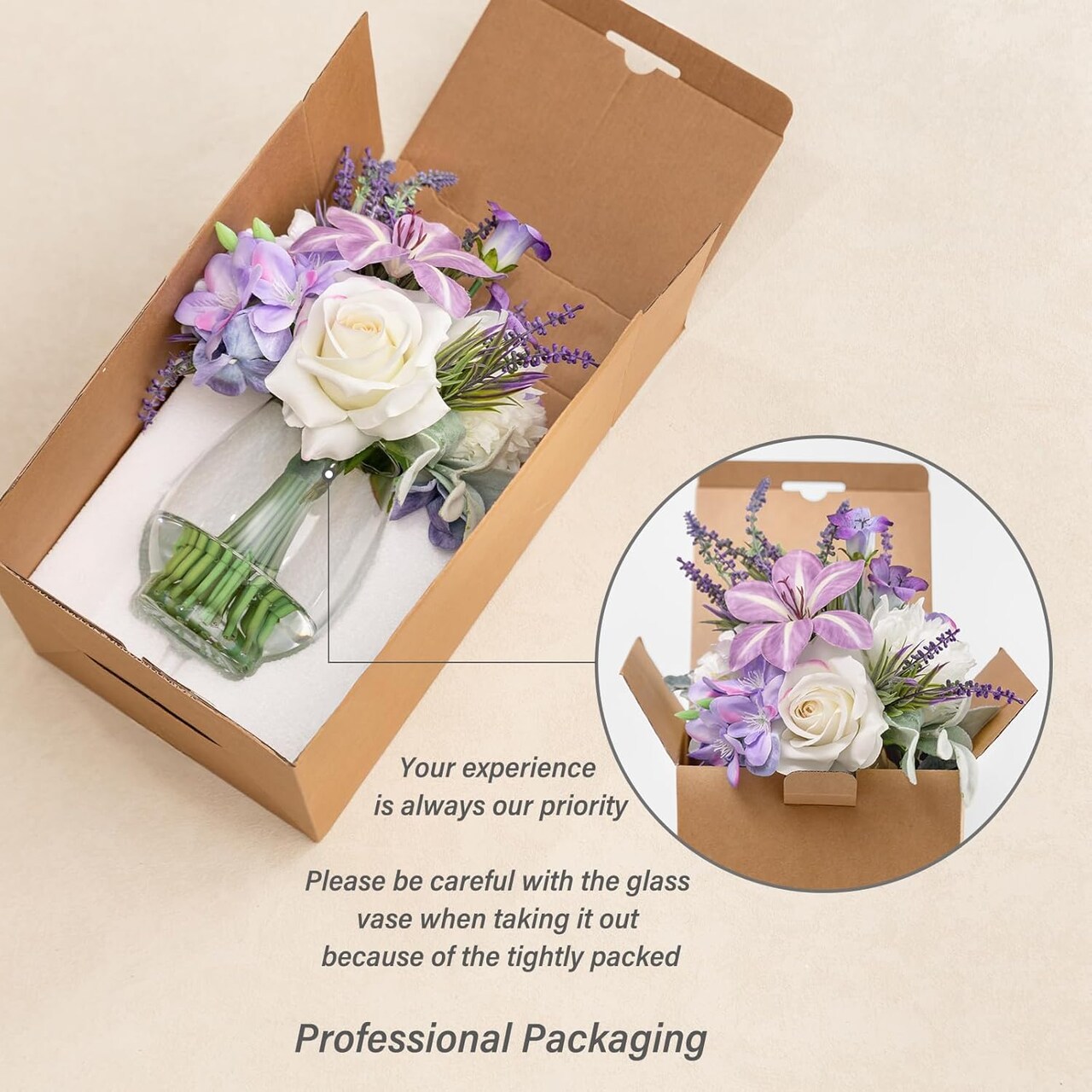 Fake Flowers in Vase Artificial Flowers with Fake Water, Real Touch Faux Silk Rose & Blooming Tulips Spring Flower with Lavender Arrangements for Table Decor (White Purple)